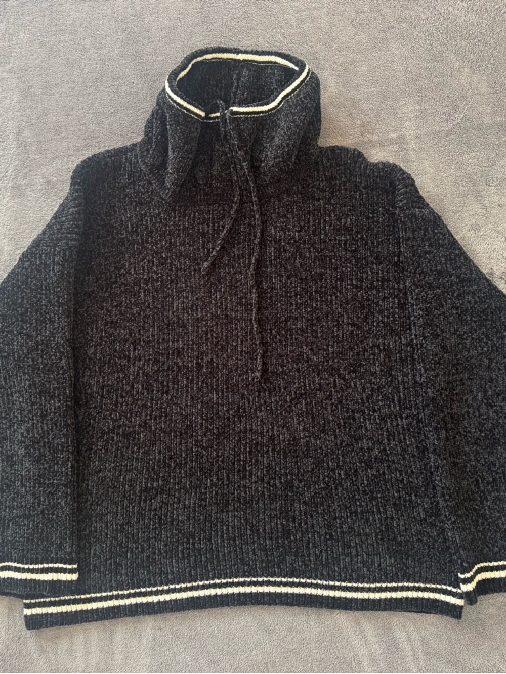 Rachel Zoe Black Ribbed Drawstring Turtleneck Sweater with Cream Trim